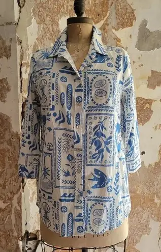 Calypso St. Barth Calypso St. Barth XS Blue & White Print Button Down Top Shirt Linen