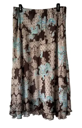Briggs Petite Brown Paisley Midi Skirt PL Ruffle Hem Fairy Y2K 100% Polyester Size L