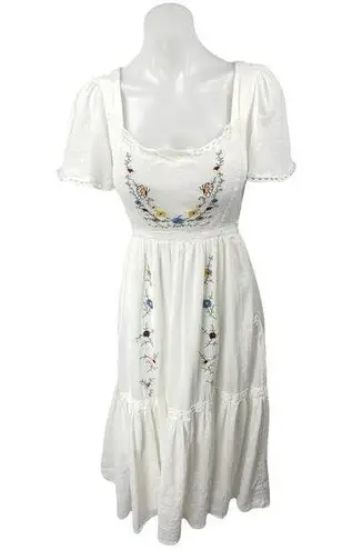 Just Me White Floral Lace Embroidered Puff Sleeve Tiered Midi A-Line Dress Sz S