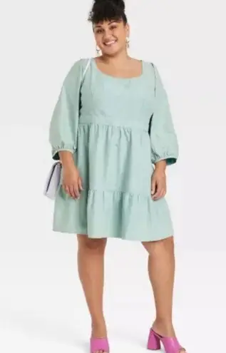 Ava & Viv Women's Plus Size Balloon 3/4 Sleeve A-Line Dress - Teal Blue Size: X
