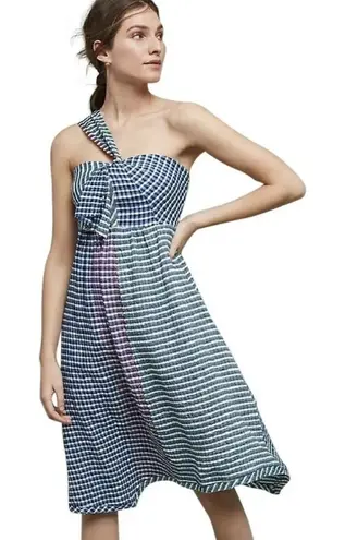 Maeve Anthropologie Waverly One-Shoulder Dress Gingham Checkered Size 4