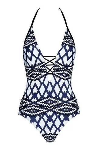Seafolly Australia Blue White Black Modern Tribe Deep V Neck Maillot One Piece