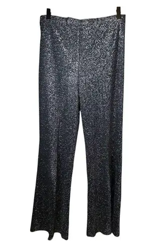 Vintage 70s Three Flaggs Glam Disco Metallic Flare Pull On Stretchy Pants Medium Black