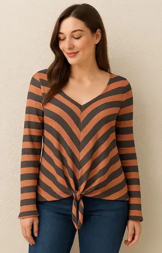 Prómesa Promesa NEW Coral Gray Striped Tie Front Long Sleeve Thermal Top Size L