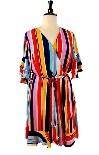 City Chic Wrap Dress Ruffle Sleeve Belted Pink Multi Stripe Women’s Plus Size 24