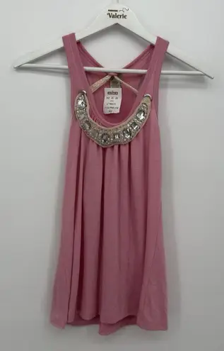 Eyelash Couture Y2k Pink Tank Top Jeweled Neckline Lace Ribbon Small Coquette