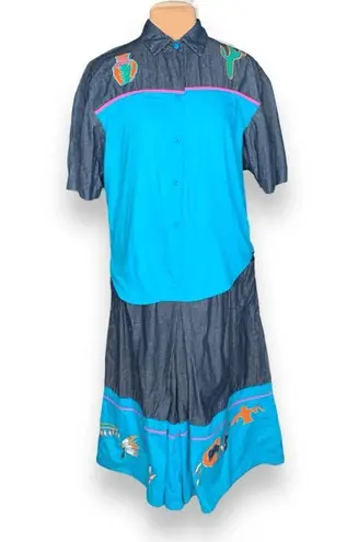 Vintage 90s Southwestern Appliqué Denim Button Up Shirt Gaucho Pants Set Medium Blue