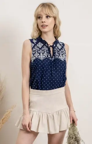 NIB MINE navy and white swiss dot embroidered tank top 100% cotton ruffle neck S