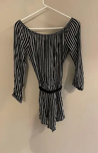 Forever 21 Black and White Striped off the Shoulder Romper