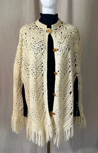Vintage Ivory Hand Crocheted Fringe Cape Poncho Open Knit Boho 70s Style Size undefined - Image 1