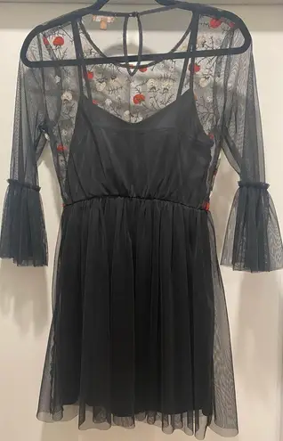 Takara Black Mesh Overlay Red Floral Embroidered Knee-Length Short Tulle Dress