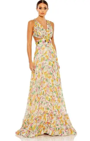 Mac Duggal 9174 Long Formal Multicolored Floral Print Chiffon Gown Dress Size 10