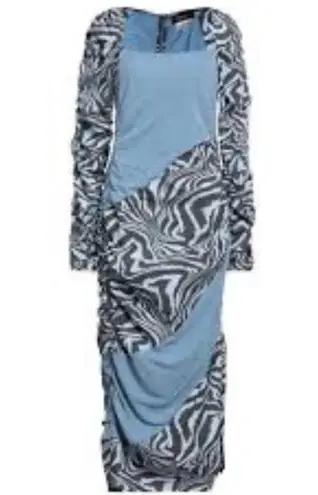 Ganni Ahluwalia X Collab Midi Dress Blue Ruched Animal Print Zebra Stripes 44 XL