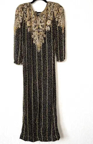 Lisa Kane Fantasy by Black and Gold Fully Beaded Silk Maxi Dress Size Small