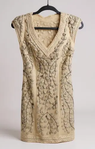 Sue Wong Dress Ivory Embroidered Beaded Leaf Pattern Sleeveless V-Neck 0