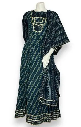 Idaho Clothing Indian Dress Maxi Scarf Set Dots Stripe Medium Cut Out Green Gold
