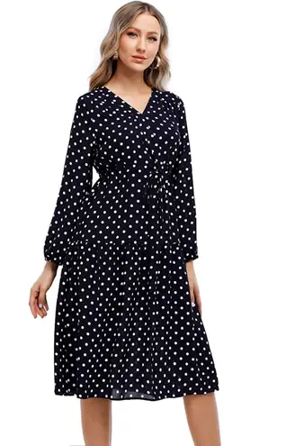 V Neck Loose Midi Long Sleeve Dress with Navy & White Polka Dots Plus Size Small