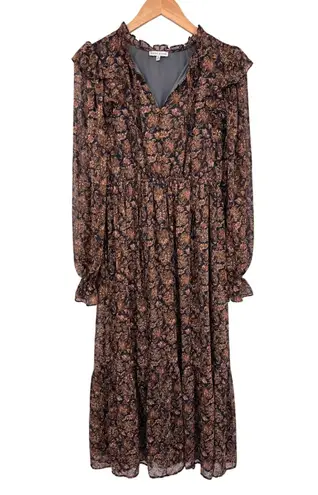 Moon River Tiered Ruffle Maxi Dress Womens Medium Fall Brown Black Metallic Gold