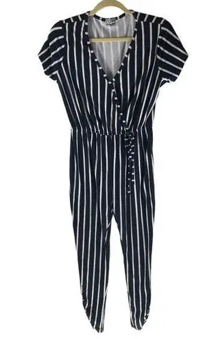 J for Justify Womens Black & White Striped Short Sleeve Faux Wrap Jumpsuit S