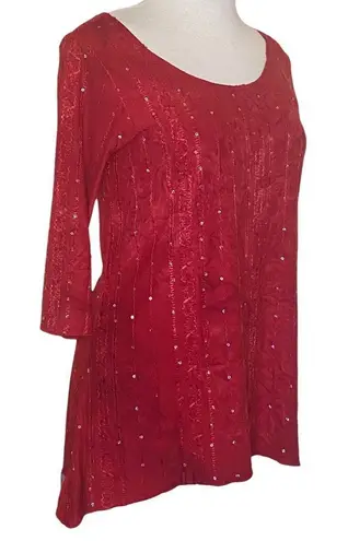 Pretty Red on Red Tie Dye Popover Top Sequin Embellishment Silky 3/4 Sleeve