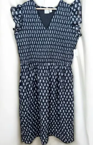 LEA Women's 2X Black Smocked Midi Dress with Pockets Short Flutter Sleeve