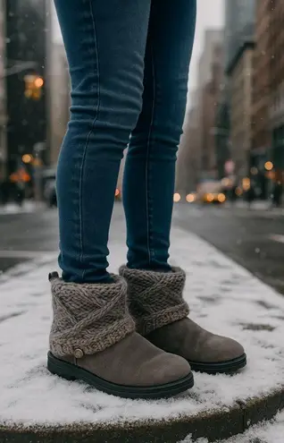 Muk Luks Gray Faux Suede Knit Cuff Ankle Boots 9 Cozy Winter Ski Resort Snow Bun