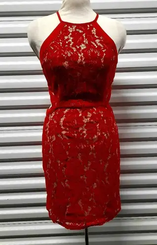 The Room Halter Mini Dress Sz Medium Red Lace Sheer Overlay Sexy Cocktail Party