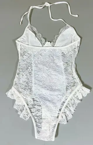 White Halter Frill Floral Lace Angel Cherubs Graphic Teddy Onesie Playsuit Bodysuit Lingerie Size S 🤍👼🏻✨