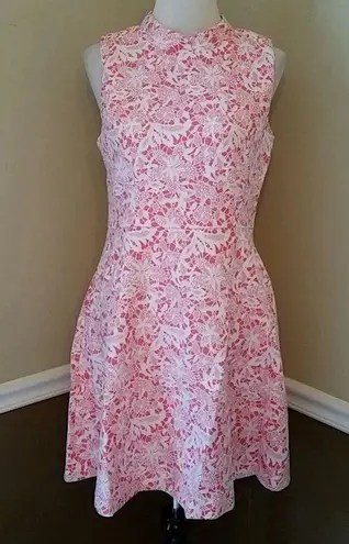 Coral Pink White Brocade Floral Mandarin Collar Fit & Flare Modcloth Dress Yumi Size 10