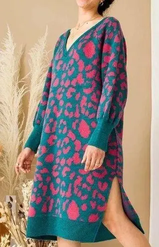 Cara & The Sky Elizabeth Animal Midi Knitted Dress Teal Size Small