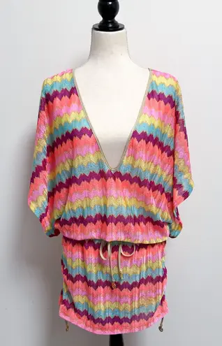 Luli Fama Cabana Chevron V Neck Kimono Short Sleeve Blouson Mini Coverup Dress