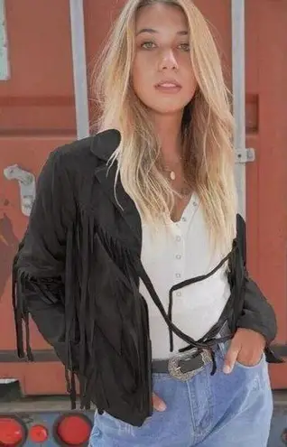 NEW! Western Fringe Soft Faux Suede Open Style Lined Jacket Coat M Black Size M