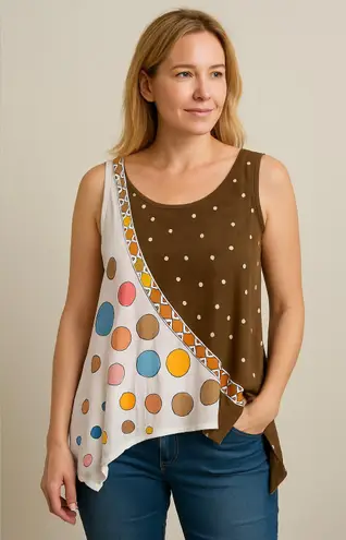Dharma Trading Co Brown and Pink Multicolor dots Asymmetrical Tank Top
