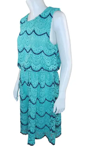 Luxology Womens 14 Blue Teal Crochet Lace Sleeveless Midi Dress Elastic Waist