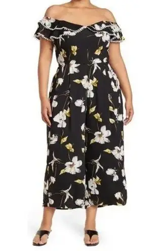 City Chic Jumpsuit SZ 14 Black White Yellow Crepe Floral Print Off The Shoulder