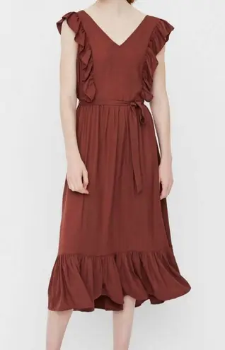 VERO MODA Odette Brown Ruffle Calf Dress NWT Sz M Women’s Polyester Tie Back