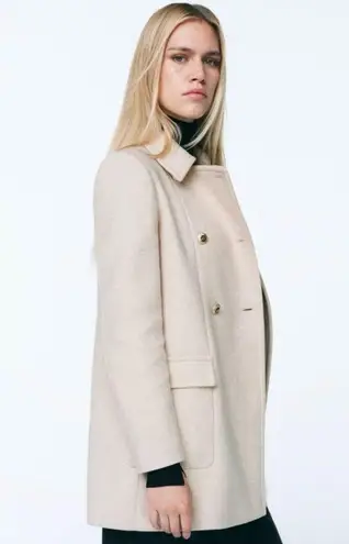 ZARA Double Breasted Gold Button Wool Blend Long Coat in Sand Size M