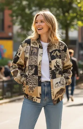 Vintage Fuda International Silk Animal Print Bomber Jacket Unique Lightweight L Tan Size L