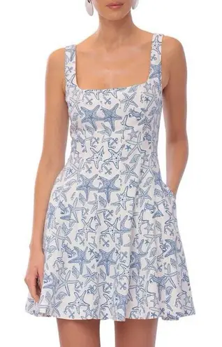 Avec Les Filles White Blue Linen Starfish Mini Dress Sz 4