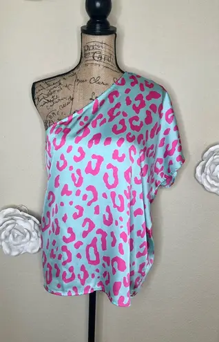Entro NTM: One Shoulder Minty Blue with Pink Leopard Print Blouse Sz Small