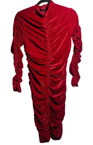 NWT CBR Red Velvet Ruched Long Sleeve Bodycon Midi Dress Holiday Baddie Velour L Size L