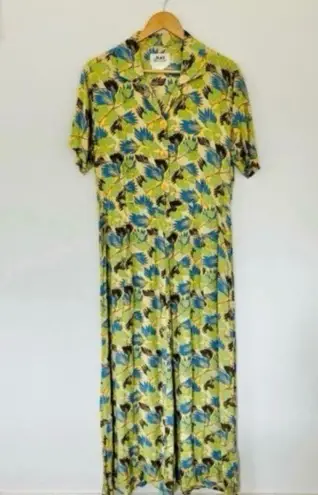 Flax Green Tropical Palm Print Full Length Dress Button Up Pockets Collar Rayon