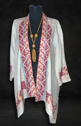 Johnny Was Kimono Cardigan Embroidered Boho Aztec Linen Multicolor Medium