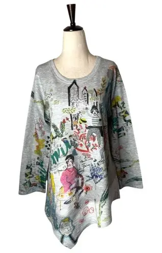 Inoah Shirt Women Medium Gray Artsy Paris Long Sleeve Asymmetric Hem Top Boho