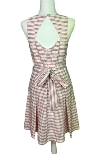 Nordstrom 1901 Fit and Flare Dress Sz 6 White Pink Pleated Back Cut Out Wide Tie