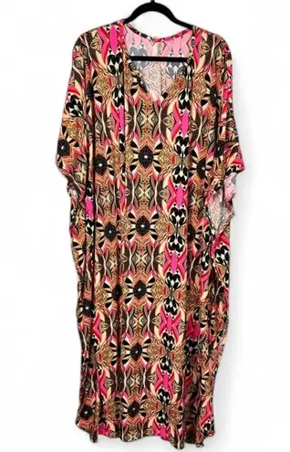 Bohemian Geometric Print Maxi Caftan Dress Resort Beach Cover Up Mumu Pink Size XL