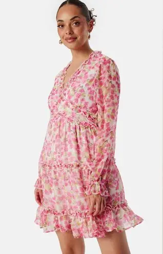 VERO MODA NWT Pink Floral Long Sleeve Smock Mini Dress VMSMILLA FRILL Size XXS