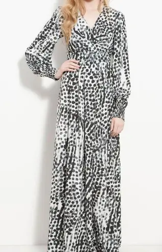 Eliza J Long Sleeve Spotty Dot Animal Chiffon Maxi Dress Black & White 6