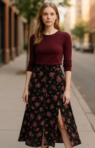 Dark Floral Maxi Skirt Chiffon Front Slits Romantic Coquette Dark Fairy Event Black