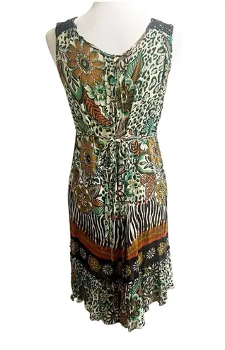 Forbidden Safari Print Dress Midi Size Medium Studded Neckline Tan Black Hippie Brown
